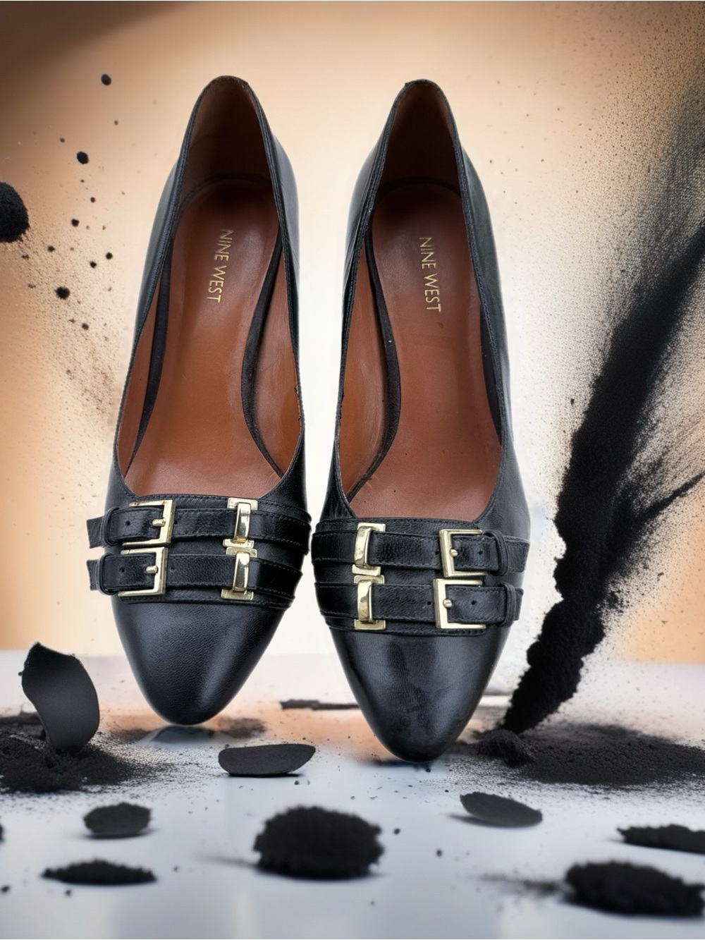 Nine West Black Pointed Leather Flats with Gold Buckle Straps